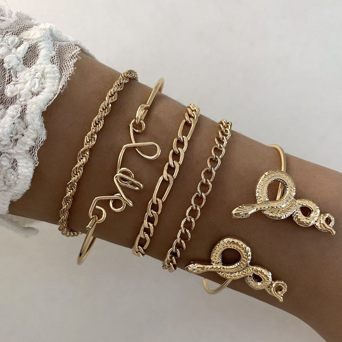 Punk Style Snake Letter Bangle and Braided Chain Bracelet Set - Five-Piece Statement Jewelry