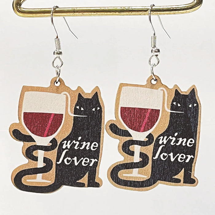 Wooden drinking cat earrings