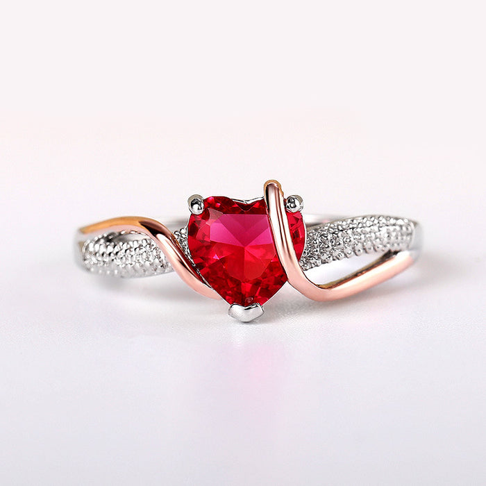 Anillo de compromiso con circonita en forma de corazón rojo, con baño de galvanoplastia de dos colores