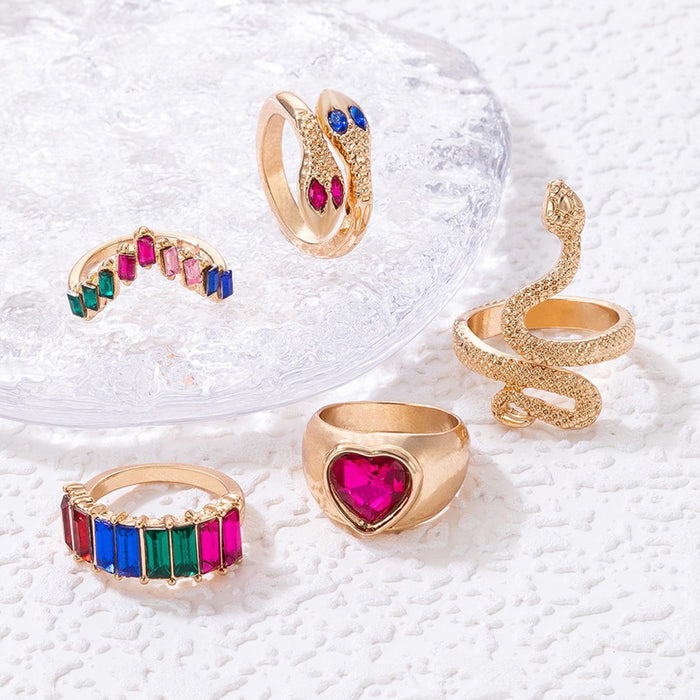 Colorful Heart Snake Crystal Gemstone Ring Set - 5pcs Stylish Rings