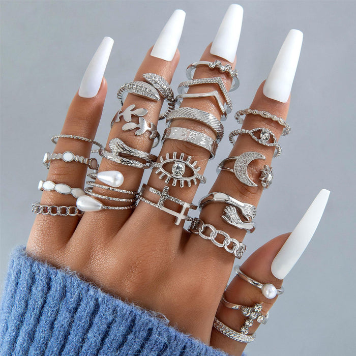 Multi-Joint Eye and Leaf Ring Set - 8-Piece Creative Pearl Rings for Women