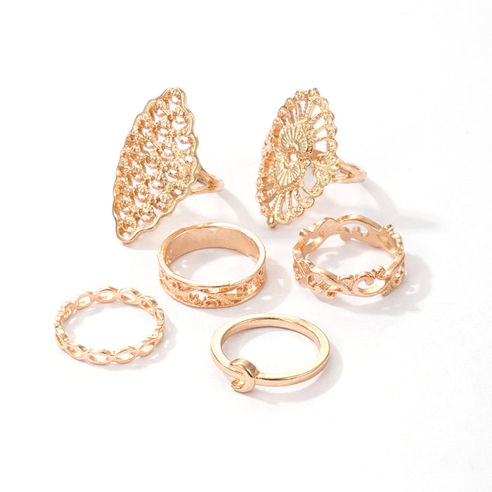 6-piece geometric wide ring set, hollow pattern moon design