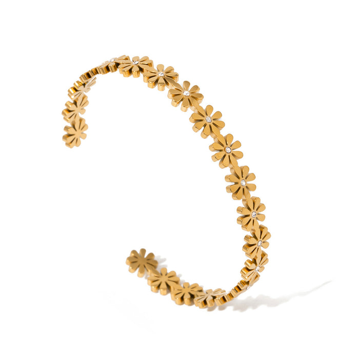 18K Gold Plated Stainless Steel Daisy Pearl Open Cuff Bracelet - Luxury Zircon Jewelry for Women