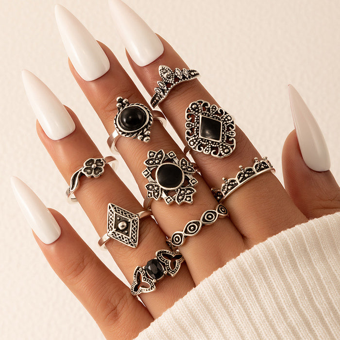 Black oil drip vintage geometric ring 9-piece set