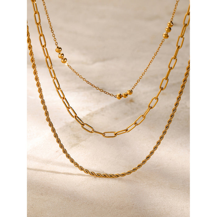 18K Gold-Plated Stainless Steel Triple Strand Bead Twist Necklace - INS-Style Beach Jewelry for Women