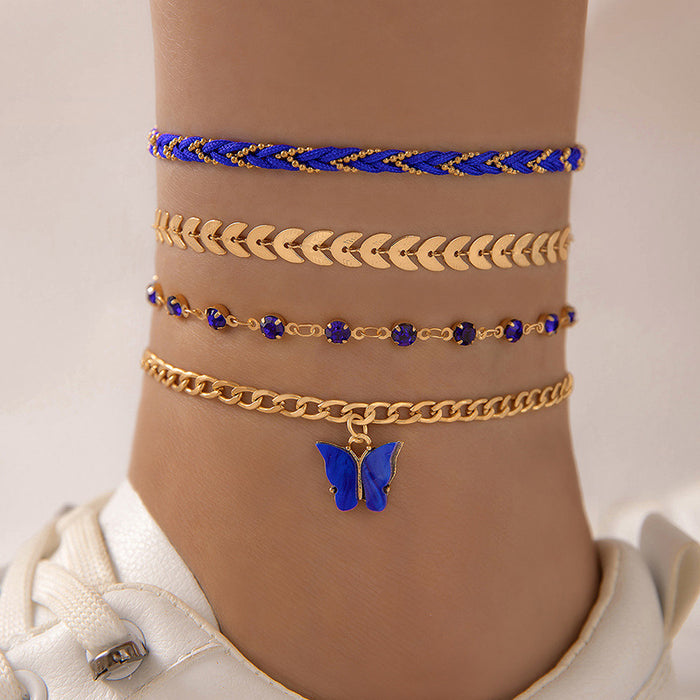 Blue Rhinestone Woven Rope Anklet Set - Multilayer Boho Jewelry