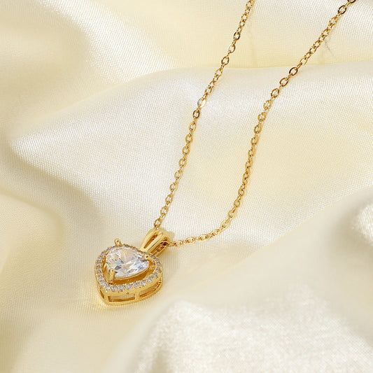 Gold-Plated Crystal Heart Pendant Necklace - Women's Wedding Jewelry