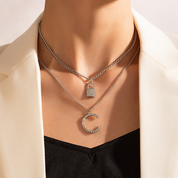 Diamond Lock Double Layer Necklace with Geometric Letter C Pendant