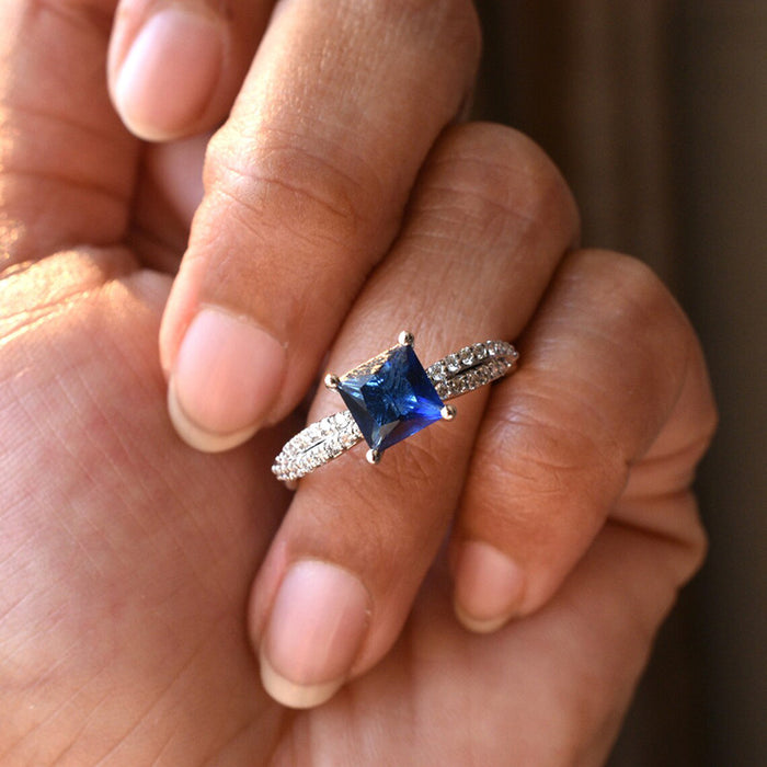 Square blue gemstone ring princess wave design ring