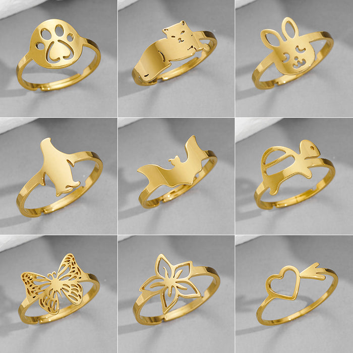 Anillos de animales lindos de nicho, anillos abiertos de acero inoxidable con forma de tortuga, pingüino y murciélago al por mayor