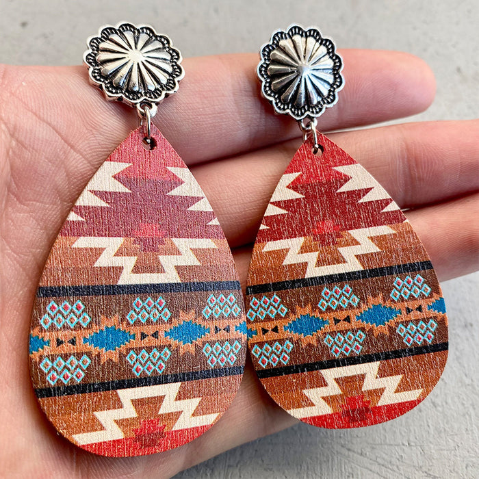 Wooden plaid water drop earrings