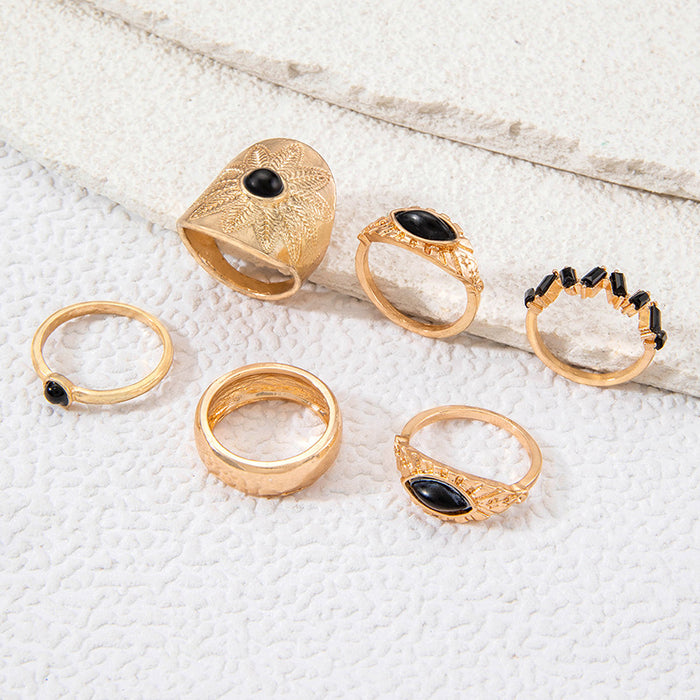 Retro Punk Gemstone Eye Ring Set - Bold Rhinestone Six-Piece Set