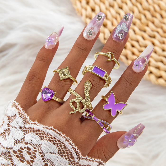 Purple Butterfly and Snake Ring Set - Fashionable 7-Piece Vintage Rings