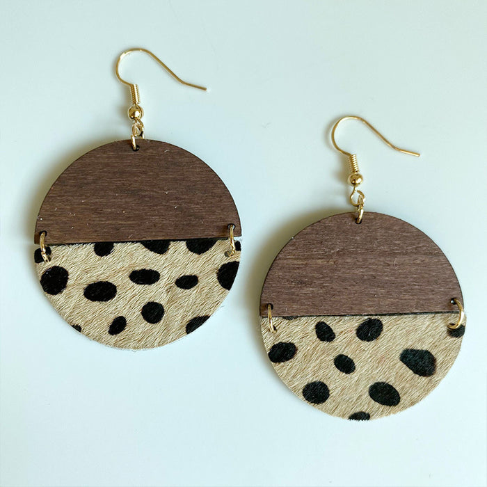 Leopard Print Cowhide Earrings with Round Geometric Wood and Leather