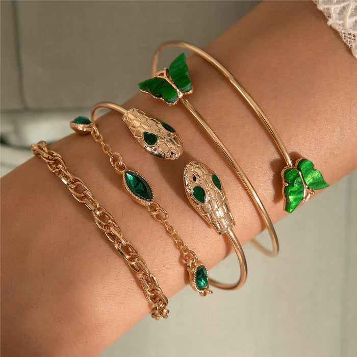 Luxury Faux Emerald Heart Bracelet Set - Creative Snake Butterfly Open Cuff Jewelry