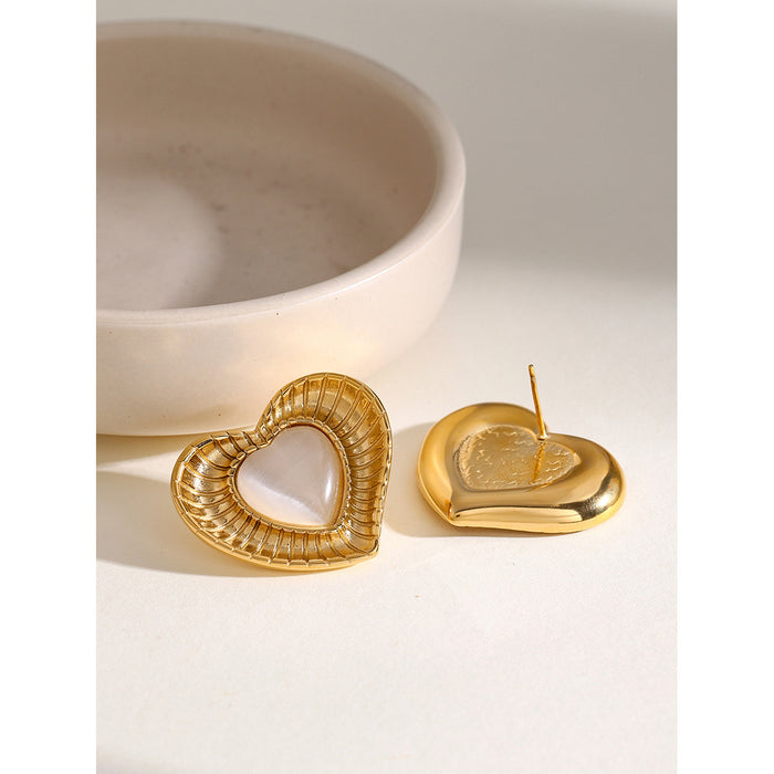 18K Gold Stainless Steel Heart Earrings - White Cat's Eye Stone Design Jewelry