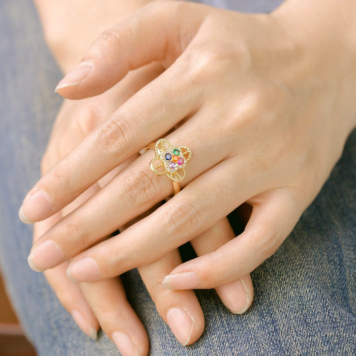 Wholesale copper micro-set colored zircon four-leaf clover flower rotating open ring
