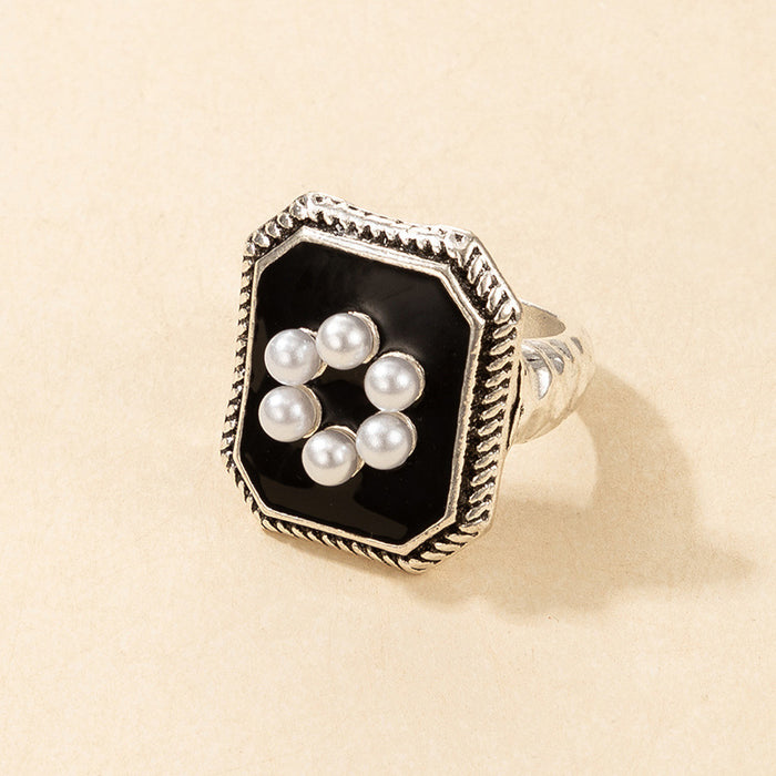 French court style black glaze pearl flower ring