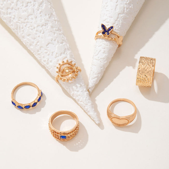 Gold and blue diamond butterfly sun eye six piece ring set