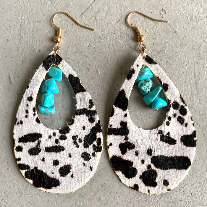 Bohemian Leopard Print Leather Earrings with Turquoise and Ethnic Style