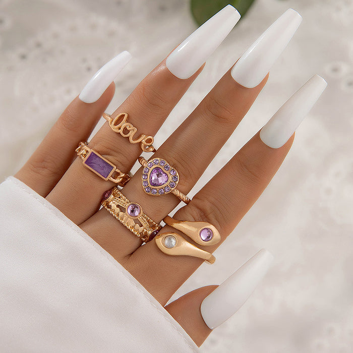 Purple Heart Letter Gemstone Ring Set - 5pcs Exaggerated Snake Rings