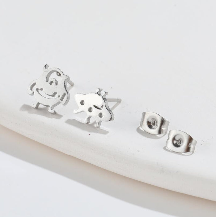 Alien and UFO Stainless Steel Stud Earrings - Fun and Playful Asymmetric Jewelry