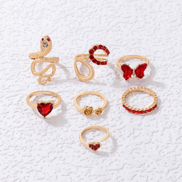 Butterfly Heart Snake Gemstone Ring Set - 7pcs Geometric Red Tone Rings