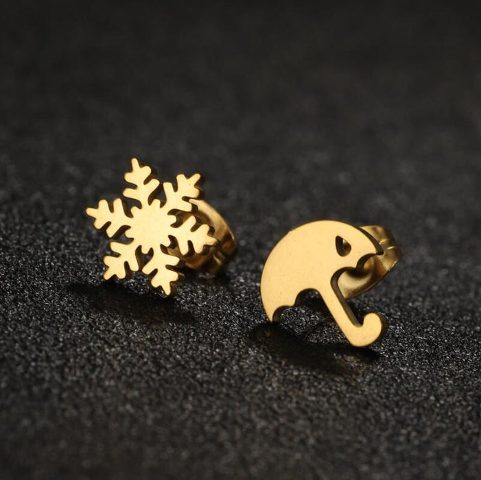 Asymmetric Snowflake and Umbrella Stainless Steel Stud Earrings - Winter-Themed Jewelry