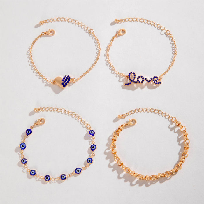 Evil Eye Bracelet with Rhinestone Love Letter Charm - Four-Piece Set