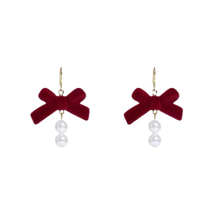 Red velvet bow earrings autumn and winter pearl earrings