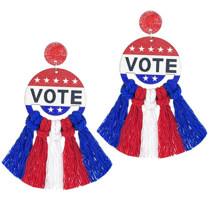 Patriotic American Wooden Earrings with Red, White, and Blue Design, Woven for 2024 Support