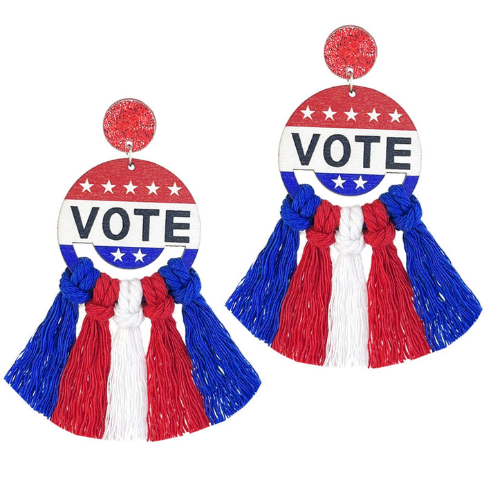 Patriotic American Wooden Earrings with Red, White, and Blue Design, Woven for 2024 Support