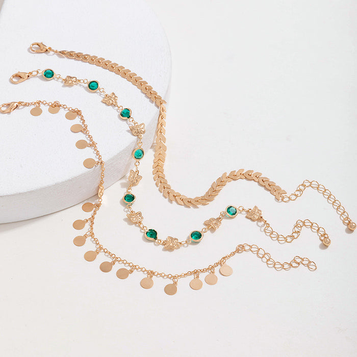 Multilayer Green Butterfly Rhinestone Anklet Set - Fashionable Foot Jewelry