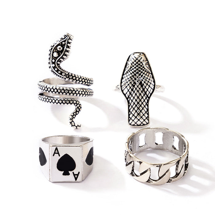 Exaggerated snake-shaped geometric spade A ring set