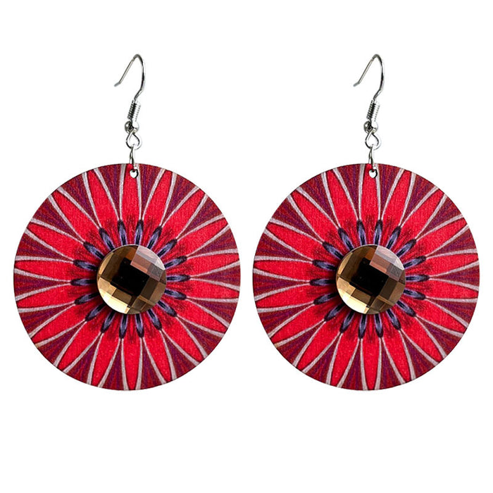 Wooden round rhinestone earrings