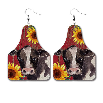 Farm Animal PU Leather Earrings with Cow Tag Design