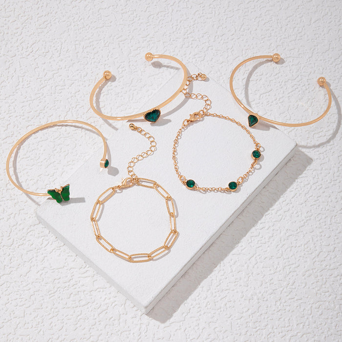 Conjunto de pulseras de diamantes de imitación con gotas de agua verdes: cinco piezas de joyería listas para las vacaciones para mujeres