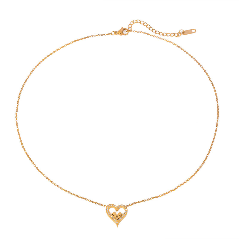 18K Gold-Plated Heart MOM Necklace with Diamond Inlay - Mother's Day Jewelry - wallojewerly 