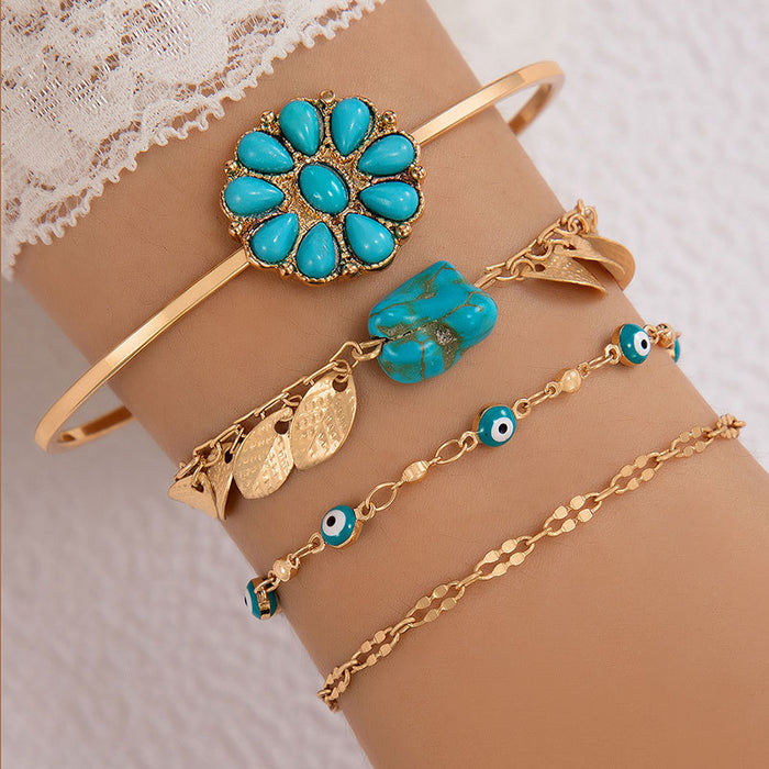 Conjunto de pulseras con flores turquesas: joyería bohemia de cuatro piezas para mujer