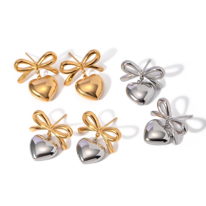 Stainless steel contrast color heart earrings titanium steel bow earrings