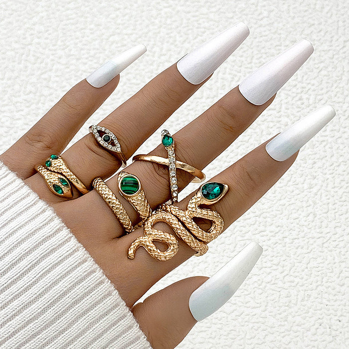 Punk Style Gemstone Snake Ring Set - 5pcs Exaggerated Eye Rings