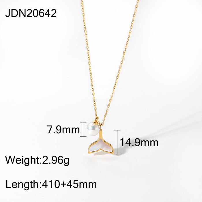 14K Gold-Plated Stainless Steel Shell Mermaid Pearl Pendant Necklace - Women's Fashion