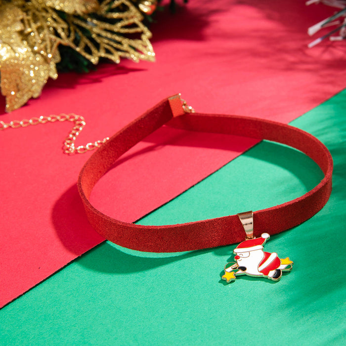 Santa and Christmas Tree Beaded Choker Necklace with Velvet Ribbon