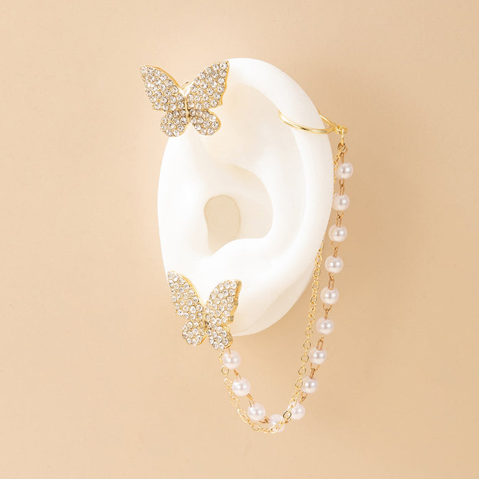 Asymmetric Diamond Butterfly Earrings Pearl Tassel Clip Earrings Combination