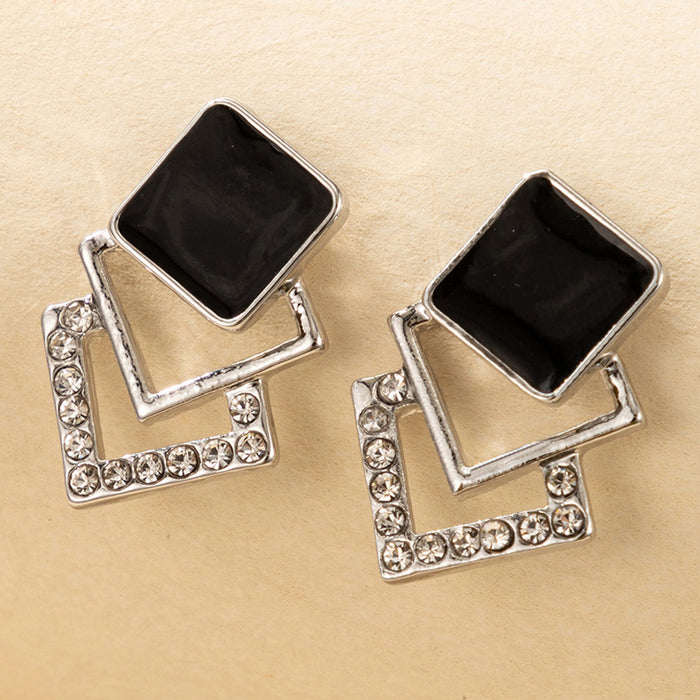 Multi-layered black diamond-shaped squares with diamonds and oil-drop small stud earrings