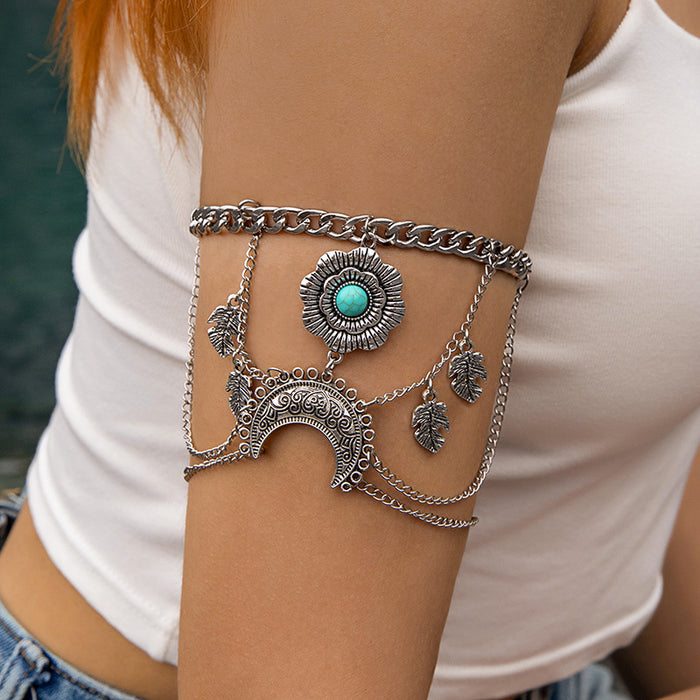 Retro Arm Bracelet Set - Turquoise Floral Moon Cuff Design