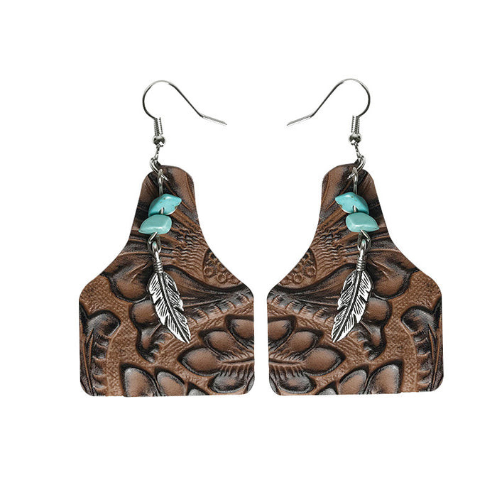 Vintage Floral Print Cowhide Earrings with Turquoise Leaf and Bottle Pendant - wallojewerly 