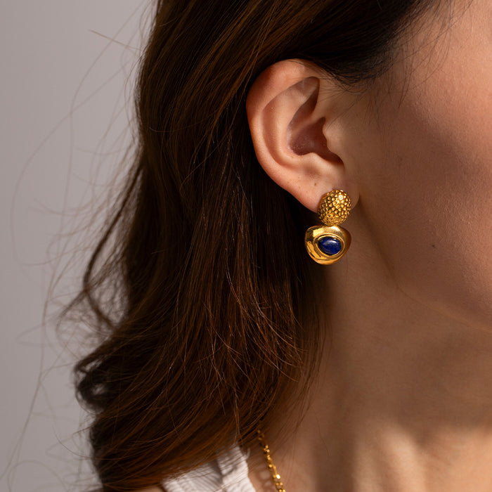 European Style New 18K Gold-Plated Stainless Steel Oval Hammered Earrings with Lapis Lazuli Triangle Studs