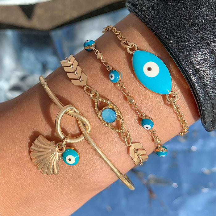 Bohemian Style Multicolor Evil Eye Bracelet Set with Shell Pendants - Vacation Vibes, Four Pieces