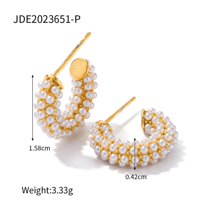 French Style New Fashionable Hoop Earrings - 18K Gold Plated Stainless Steel Mini Pearl Inlaid C-Shaped Jewelry